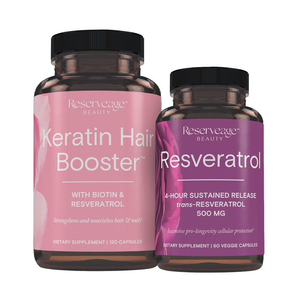 Reserva Nutrición Keratin Hair Booster con Biotin & Resveratrol, Hair and Nail Growth Supplement, 120 Capsules (60 Servings) & Resveratrol 500 mg, Supports Healthy Aging and Immune System