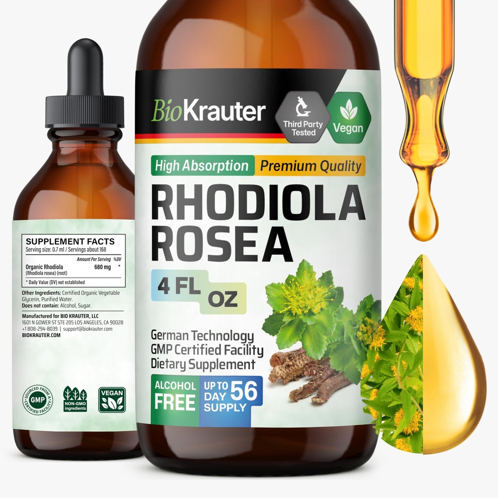 BIO KRAUTER Rhodiola Suplemento Líquido - Pure Rhodiola Rosea Tintura para la calma Soporte - Alcohol &amp; Azúcar Extracto gratis - 4 Fl.Oz.