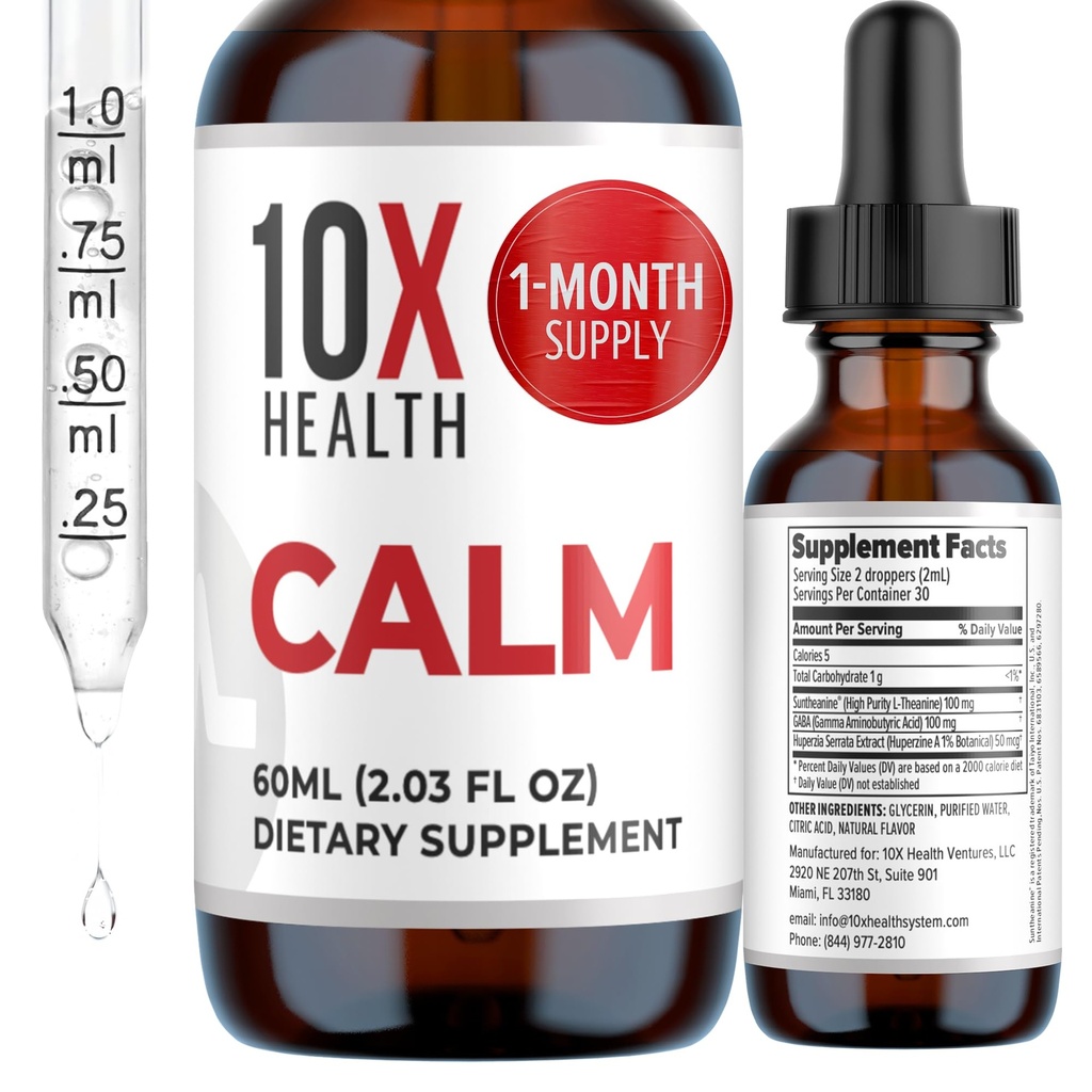 10X Health Calm L Theanine Supplement Liquid Drops - 100mg L'Theanine Drops & 100mg GABA Suplementos para apoyar Nerves, Calm &amp; Stress - Natural Flavor 2.03 Fl oz.
