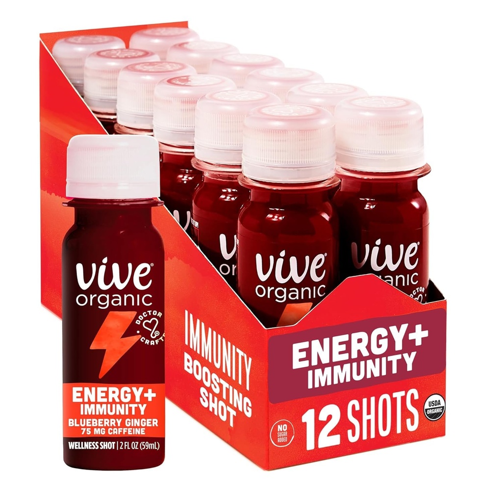 Vive Organic Energy Shot + Immune Support, Immune Defense with Ashwagandha, Green Tea &amp; Caffeine, Gluten Free, Vegan, Energy and Focus, 2 Fl Oz (Pack of 12)