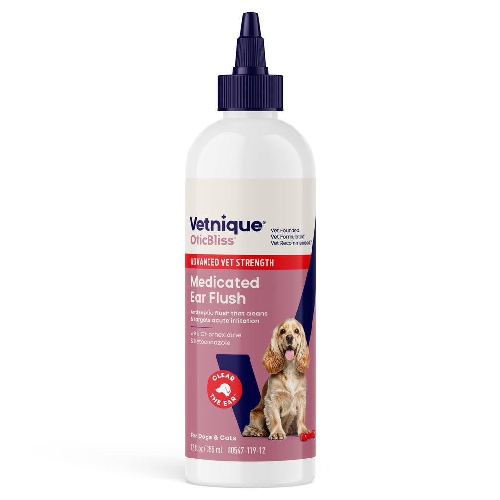 Vetnique Oticbliss Medicated Dog Ear Infection Treatment, Antiseptic Ear Cleaner for Cat &amp; Dog Ear Solution with Chlorhexidine & Ketoconazole (12oz Flush)