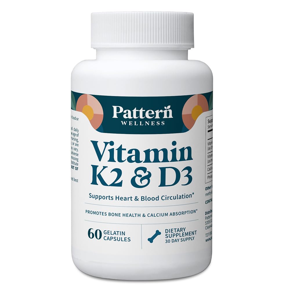 Pattern Wellness Vitamina K2 & D3 Suplemento con Calcio – Bone Health, Circulatory Wellness & Immune Support - Non-GMO - 60 cápsulas
