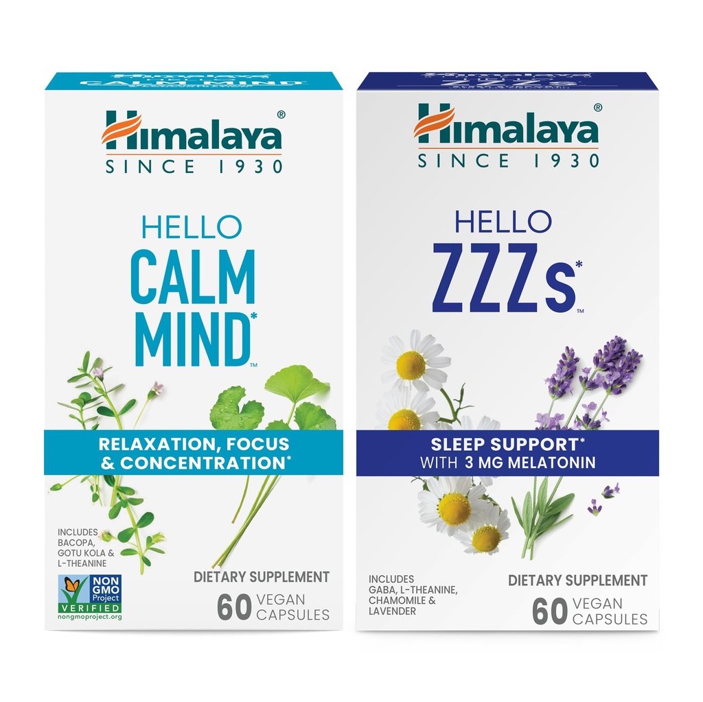 Himalaya Hello Calm Mind with Bacopa for Relaxation, Focus and Concentration " Hello ZZs with Melatonin for Sleep Support, 60 Capsules Every - Bundle