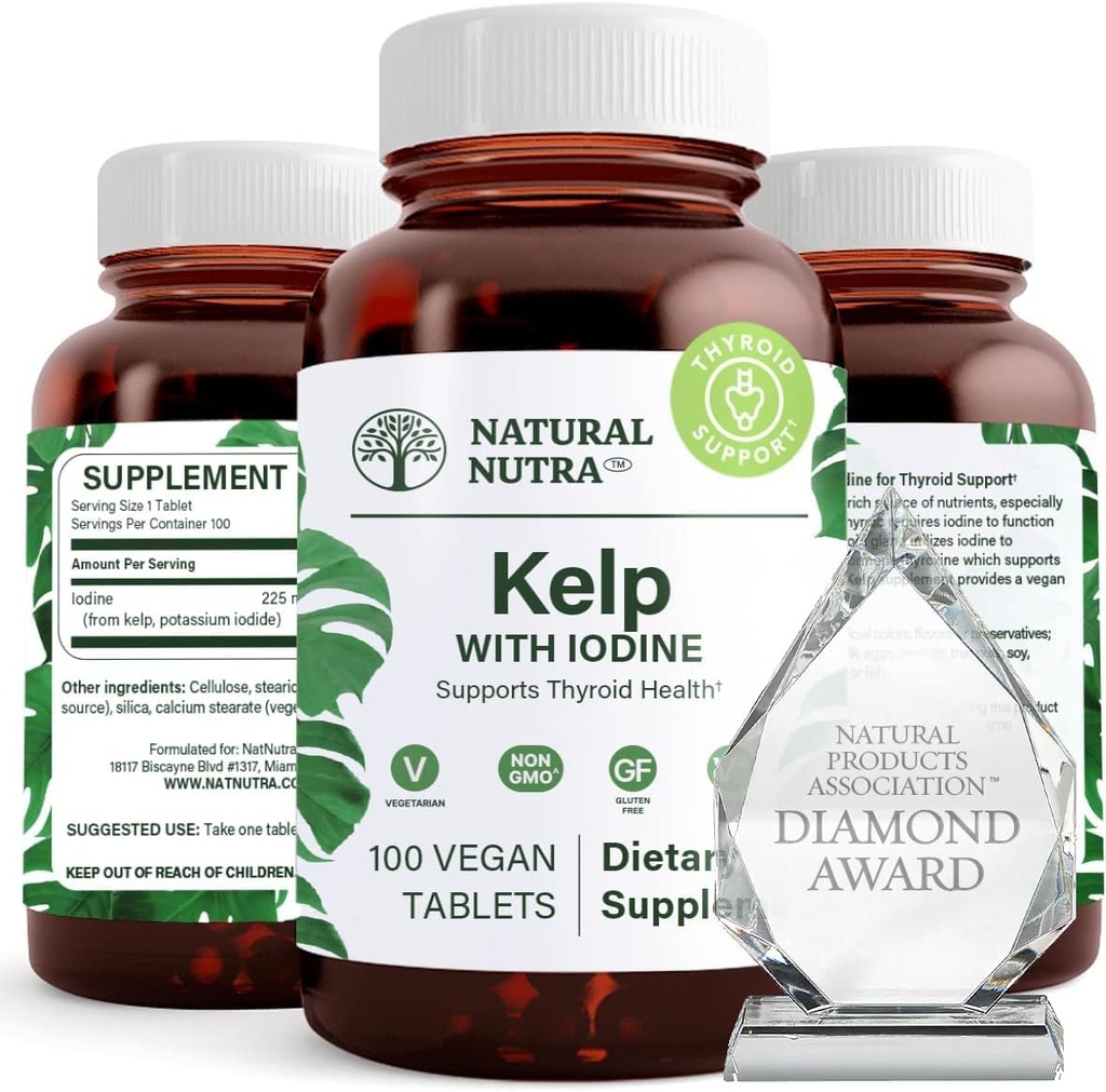 Natural Nutra Kelp Iodine Thyroid Support Suplemento, Fortalece el Sistema Inmunitario y Regula el Metabolismo, Vegan Sea Kelp, Non GMO, Atlantic Sourced Seaweed Extract, 225 mcg, 100 Tablets