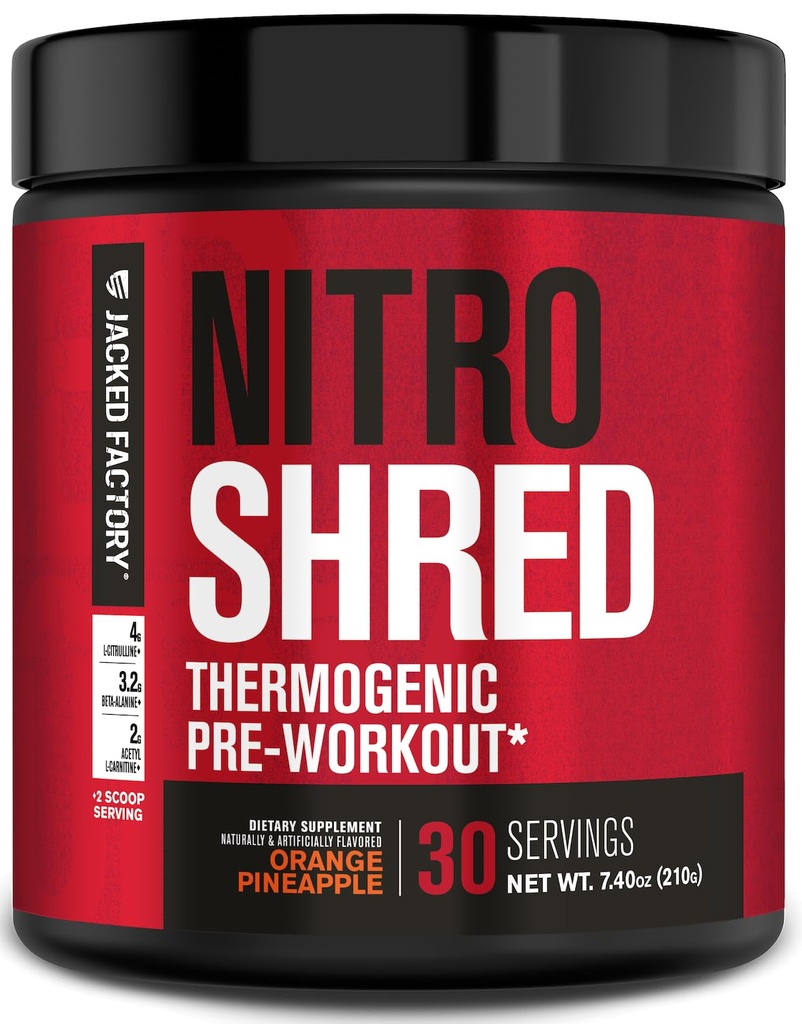 Fábrica de Jacked NITROSURGE Shred Pre Workout Suplemento - Energy Booster, Instant Strength Gains, Sharp Focus, Powerful Pumps - Nitric Oxide Booster &amp; PreWorkout Powder - 30Sv, Orange Pineapple