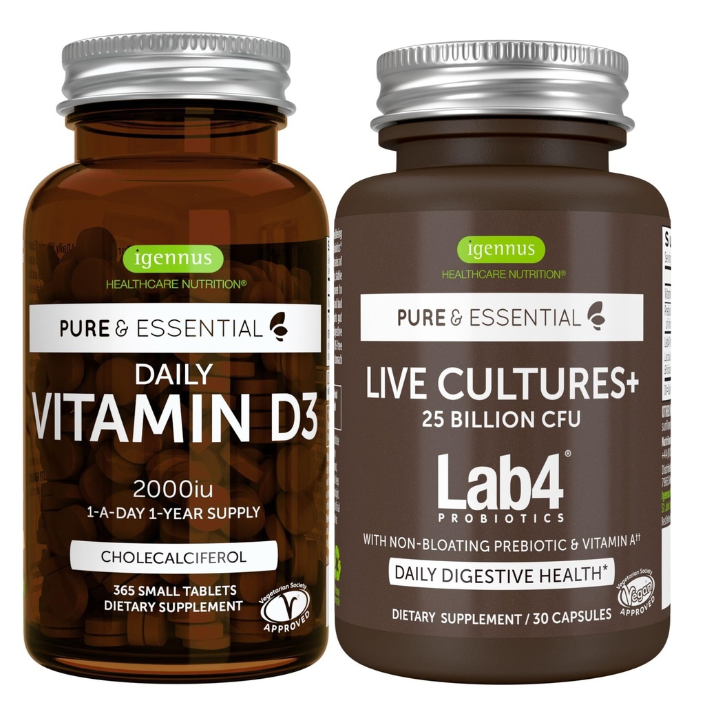Vitamina D3 + Culturas en vivo+ Lab4 Probiotics Bundle, 365 2000iu Vitamin D3 Tablets + 25 Billion CFU Lactobacillus Acidophilus & Bifidobacterium with Non-Bloating Prebiotic, by Igennus