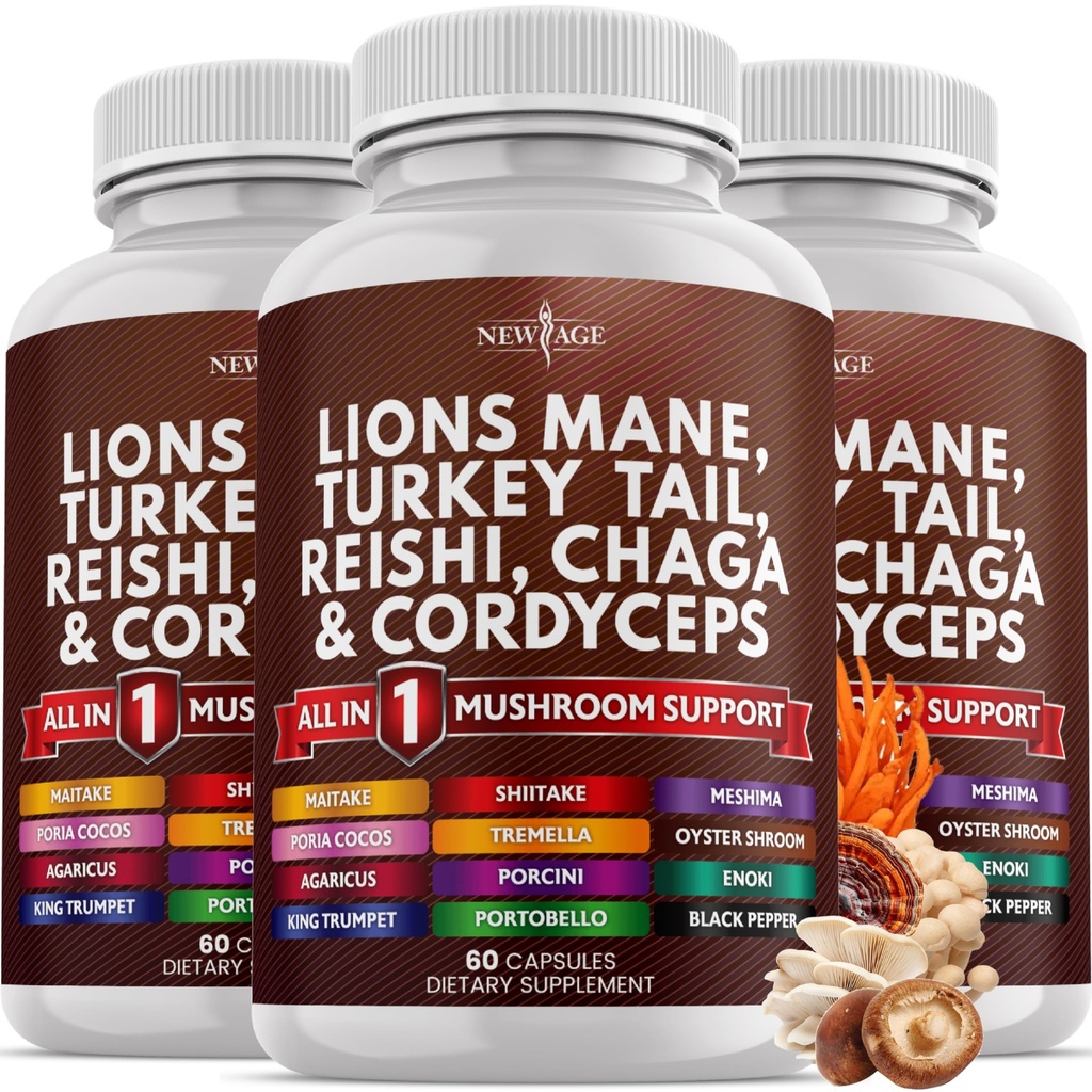 Nuevo AGE Lions Mane Mushroom Suplemento con Turquía Tail Reishi Cordyceps Chaga con Marshmallow Root 180 Conde