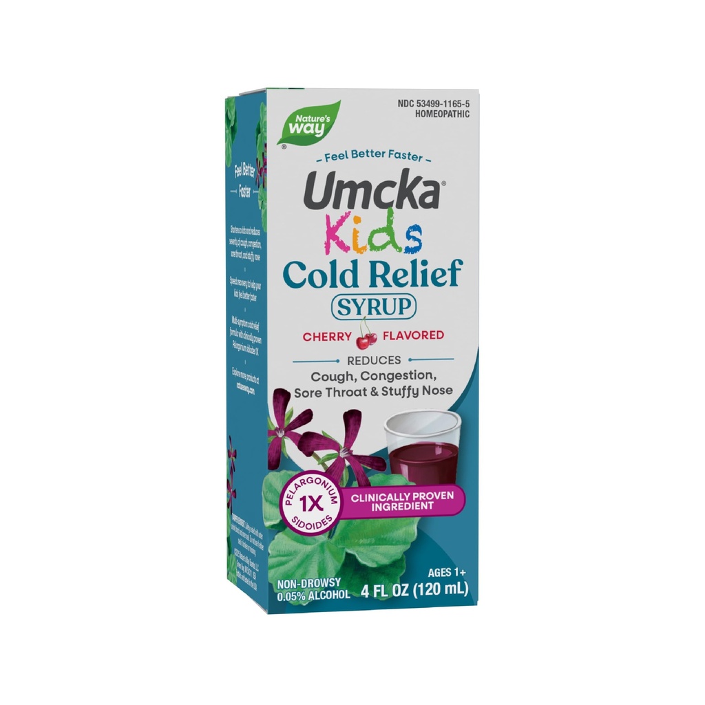 Camino de la Naturaleza Cold Relief Syrup for Kids 1+, Umcka, Shortens Duración " Reduce la Severidad, Multi-Symptom Cold Relief, Homeopático, Fenilephrine Free, Cherry Flavored, 4 Fl Oz (Packaging May Vary)