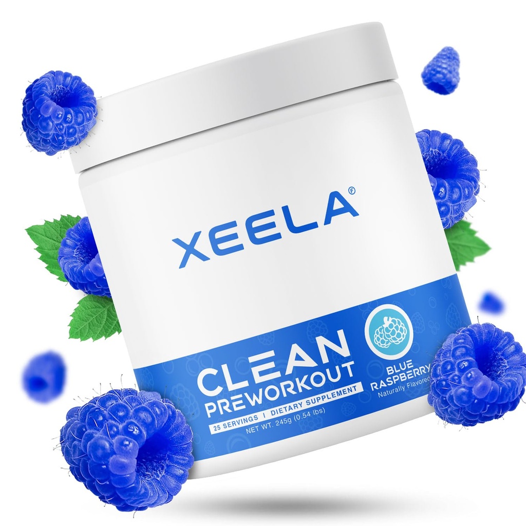 XEELA Pre Workout Powder - Clean &amp; Tested - Jitter Free, Safe, and Natural - Incrementar la energía termogénica, el foco y la resistencia w/Creatine, la cafeína orgánica y la citrulina basada en plantas (Blue Raspberry)