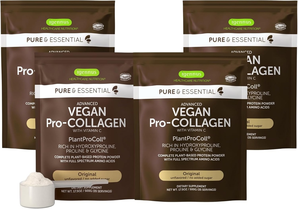 Igennus Vegan Collagen Peptide Powder, mejorado con Glycine, Proline " Hydroxyproline " Cofactor Vitamin C, Non GMO, Completo Vegetariano Vegetariano Booster de Polvos, 4 x 35 Servimientos