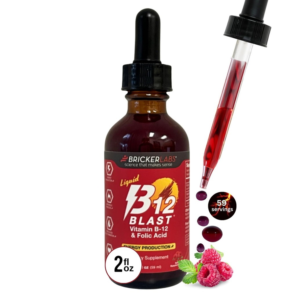 Bricker Labs B-12 Blast Liquid Vitamin B12 y Folic Acid Suplemento, Apoyo a la producción de energía, Gran Tasting Liquid Vitamina B12 Suplemento dietético en Natural Raspberry Flavor, 2 fl oz Bottle