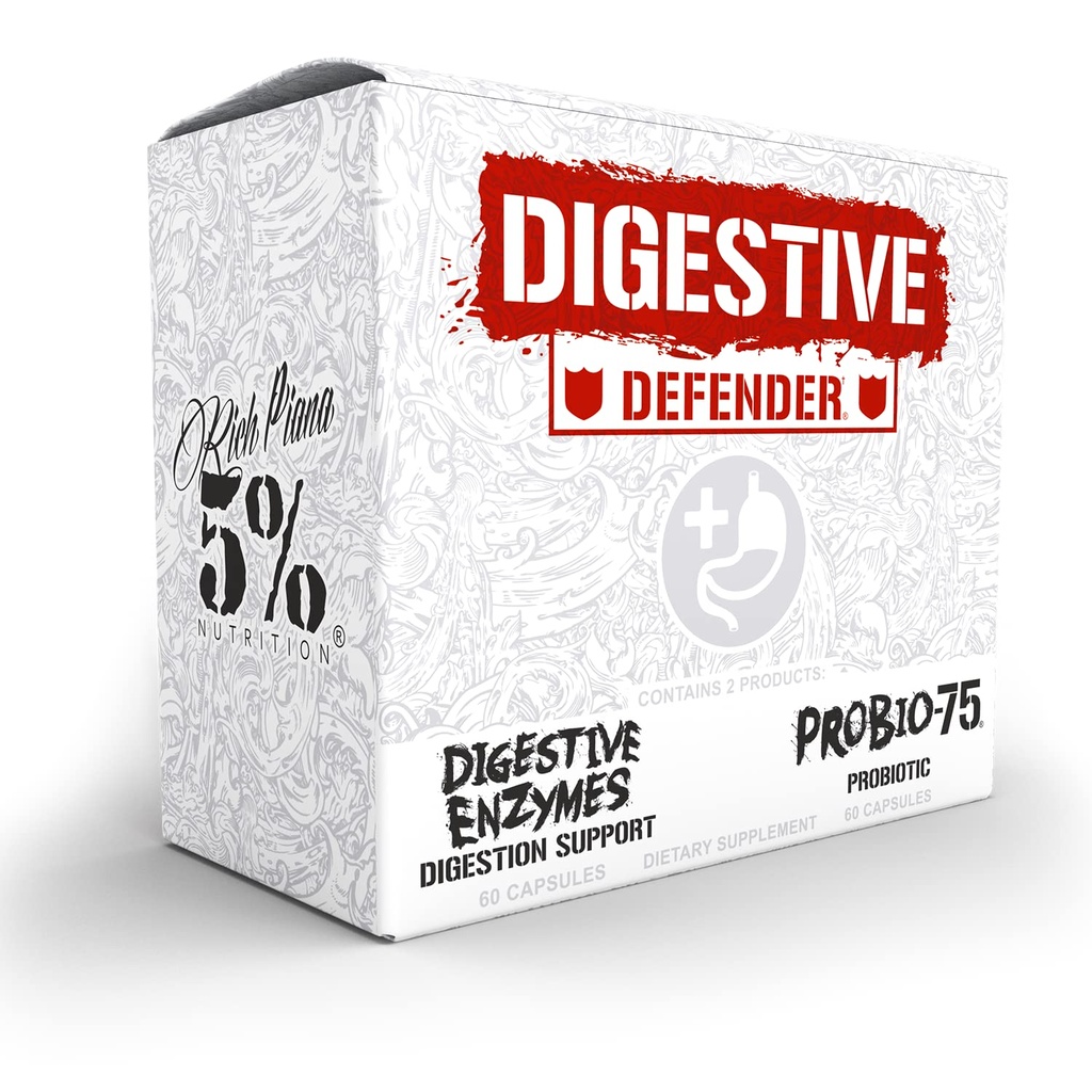 5% Nutrición Rich Piana Digestive Defender TEN Probio-75 & Digestive Enzymes Digestion Supplement TEN Premium Quality Enzymes with Probiotics and Prebiotic Fiber TEN 120 Gelatin Capsules (30 Svgs)