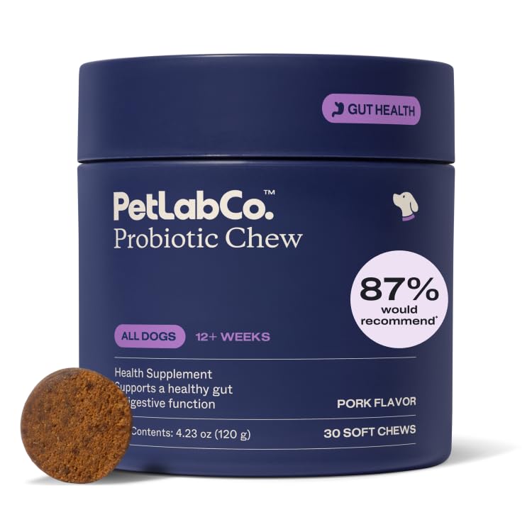 PetLab Co. Probióticos para Perros, Asistencia Gut Health, Diarrea Ocasional, Salud Digestiva " Alergias estacionales - Sabor de cerdo - 30 Mandíbulas suaves - Embalaje mayo Vary