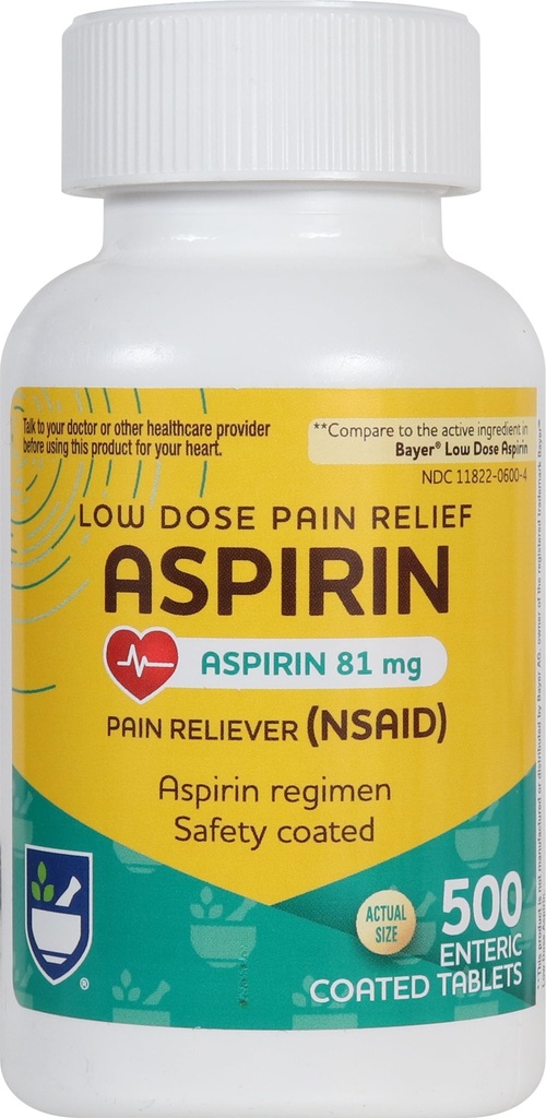 Rite Aid Aspirin Enteric Tablets - 81 mg Aspirina - 500 Cuenta - Baja dosis para el alivio del dolor de cabeza - Seguridad Coated - Aspirin Regimen - Medicina Migraña - Alivio del dolor
