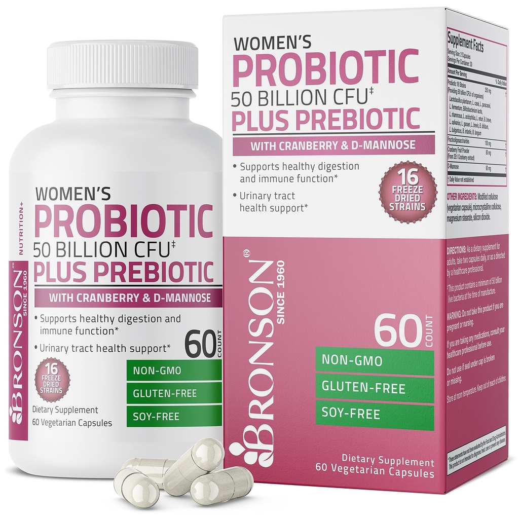Probiótico de mujeres Bronson 50 Billones CFU + Prebiótico con arándano y D-Mannose – Salud Vaginal, Digestión Saludable, Función Inmunitaria y Apoyo a la Tracto Urinaria, No GMO, 60 cápsulas vegetarianas