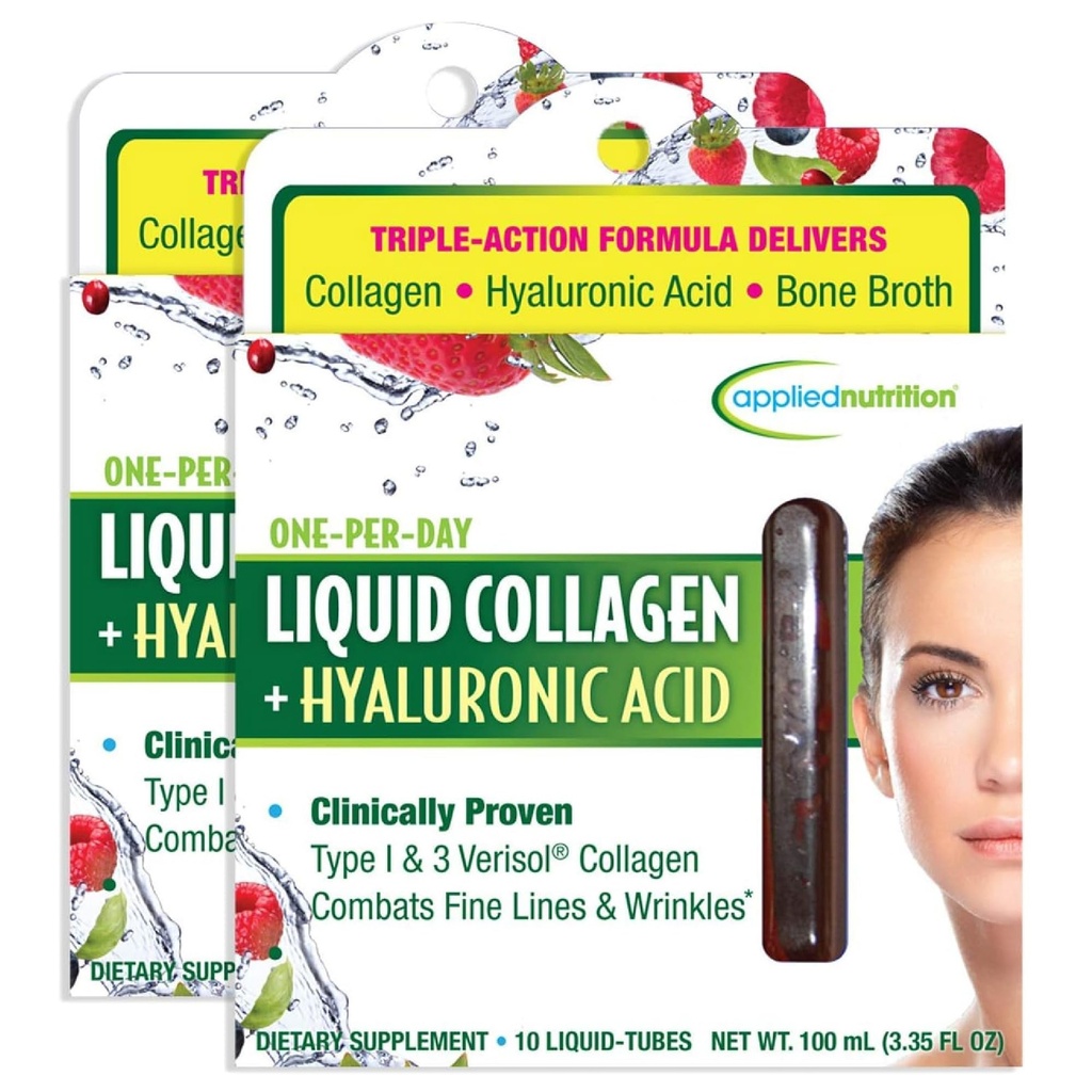 Nutrición aplicada Collagen líquido + ácido hialurónico - 10 tubos líquidos, paquete de 2 - Restauración de uñas de piel - sabor de baya mixta - 20 piezas