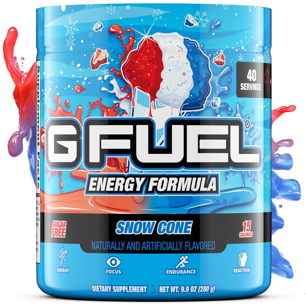 G Fuel Snow Cone Energy Drink Powder, Pre Workout Caffeine Mix for Gaming, Sugar Free Focus Amino, Vitamina + Antioxidantes, 9.9oz (Snow Cone, 40 Servings)