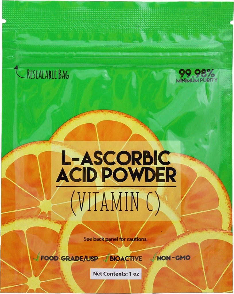 Duda Energy asc01oz Bag of L-Ascorbic Acid Powder 99+% Food Grade USP36/BP2012 Naturalmente Fermentado Cristales Puros Forma de Vitamina C, 1 oz., Blanco