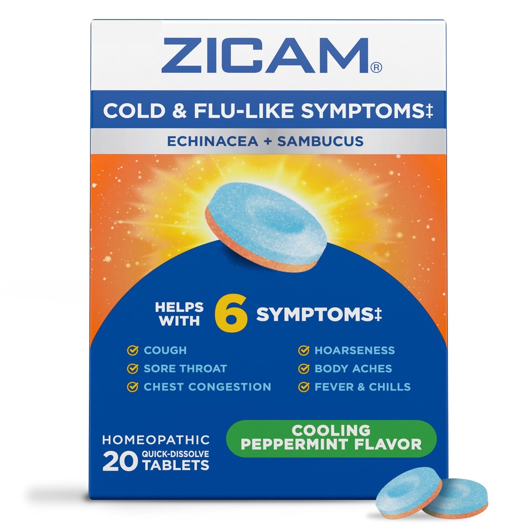 Zicam Cold &amp; Flu-Like Symptoms with Echinacea and Sambucus, Homeopathic, Zinc, Cooling Peppermint Flavor, Ayuda con los síntomas fríos, 20 Tablets
