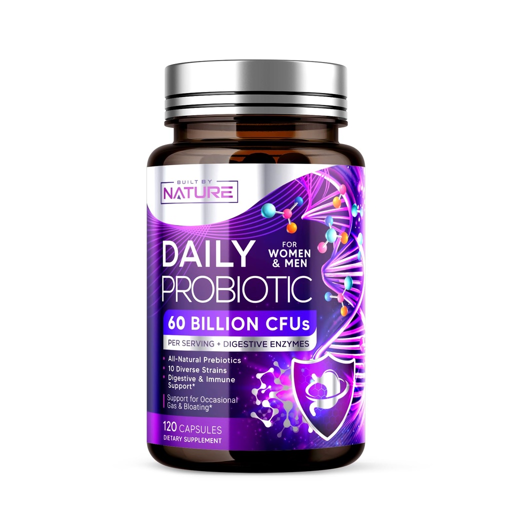 Construido por Nature Probiotic for Women &amp; Men – 60 Billion CFU, 10 Strains + Prebiotics & Digestive Enzymes – Apoya Digestive, Immune, Reduce Gas " Bloating – Shelf Stable, Non-GMO - 120 Capsules