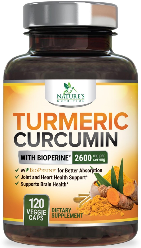 Curcumin Turmeric Suplemento 2600mg - 95% Curcuminoides con Turmeric Orgánica " BioPerine Black Pepper Extract for Best Absorption, Natural Vegan Joint Support, Non-GMO, Bottled in USA - 120 Capsules