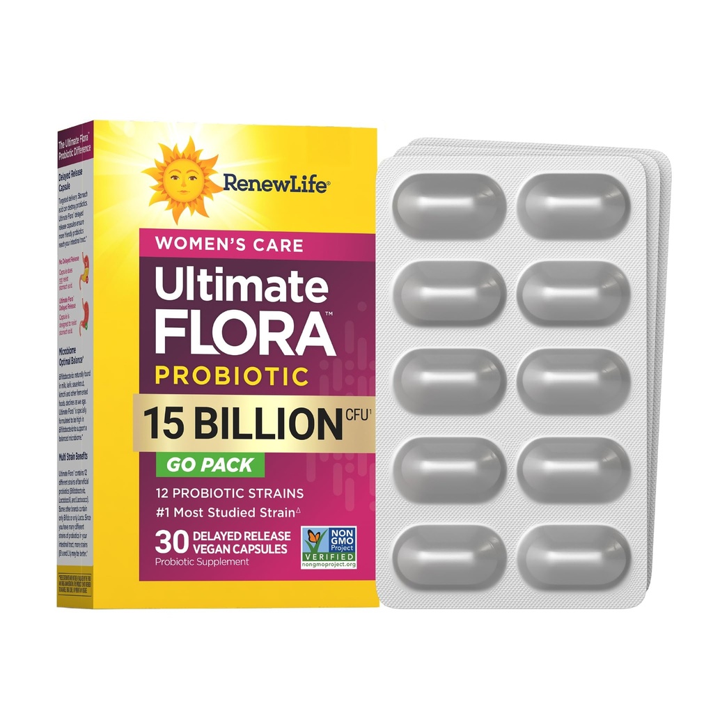 Renovar las cápsulas probióticas de las mujeres de la vida, apoya el equilibrio de pH para las mujeres, vaginal, urinaria, digestiva e inmunitaria, L. Rhamnosus GG, lácteo, soy y libre de gluten, 15 millones de UC - 30 Ct