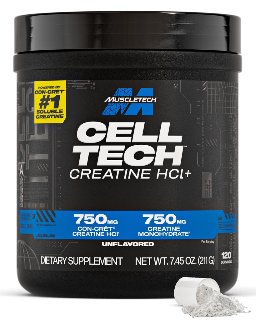 MuscleTech Cell-Tech Creactor Creatine HCl Powder, Post Workout Muscle Builder for Men &amp; Women, Creatine Hydrochloride + Free-Acid, Unflavored (120 Servings), 7.45 oz