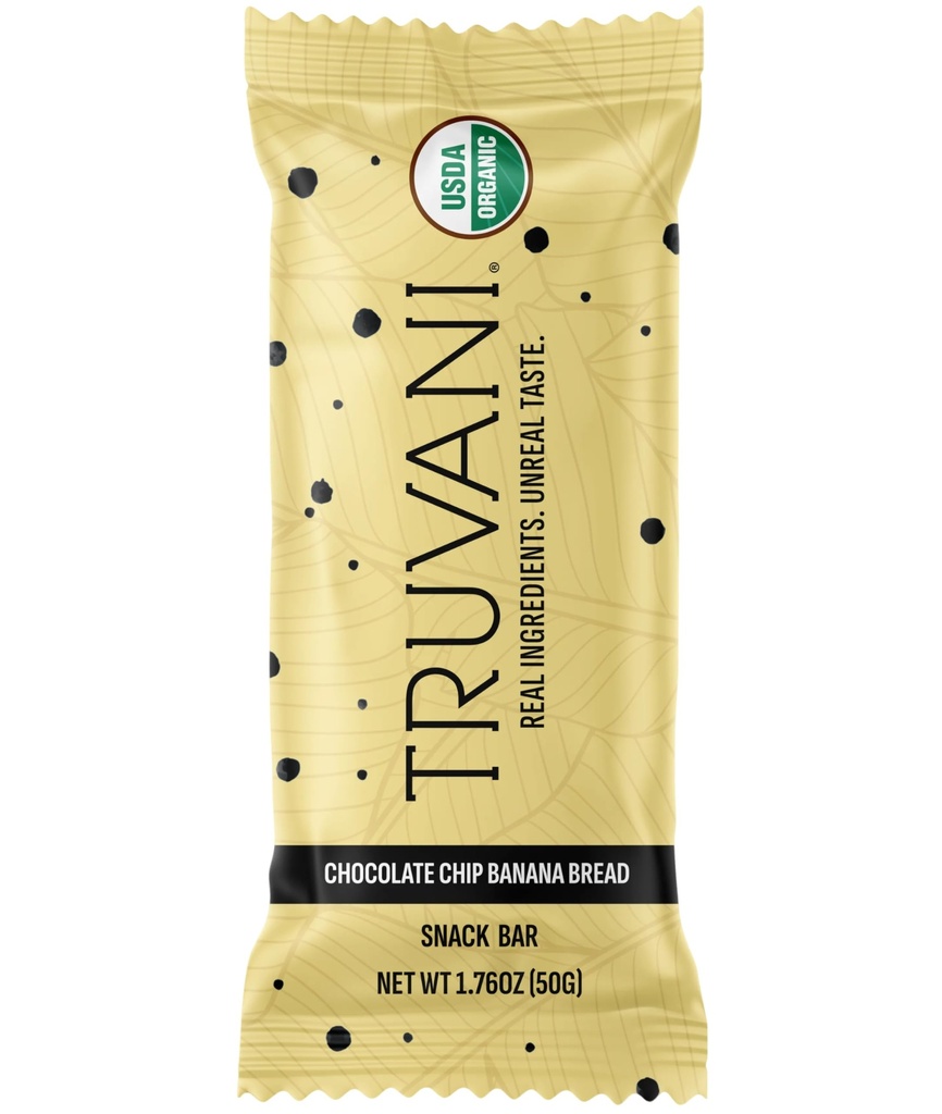 Truvani Plant Based Snack Bares ← Chocolate Chip Banana Pan 1 Pack TEN 5g Protein TEN USDA Orgánica y Vegan Silencio El Único Bar TENIDO Dairy, Soy y Gluten Gratis TENIDO