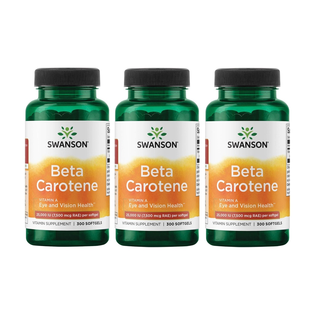 Swanson Beta-Caroteno Vitamina A 25000 IU Skin Eye Immune System Health Antioxidant Support 7500 mcg 300 Softgels Count (3 Pack)