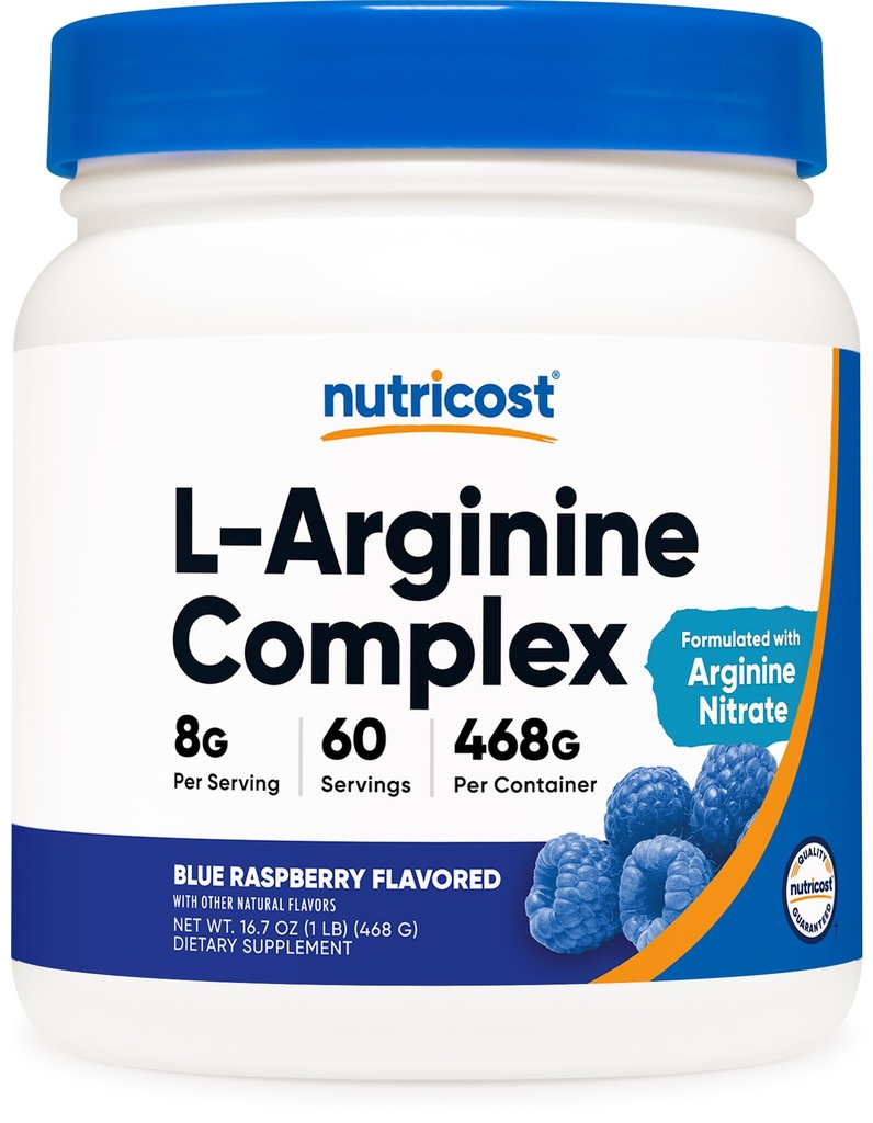 Complejo L-Arginina Nutricost (Blue Raspberry, 60 Servings) - Gluten Free, Non-GMO