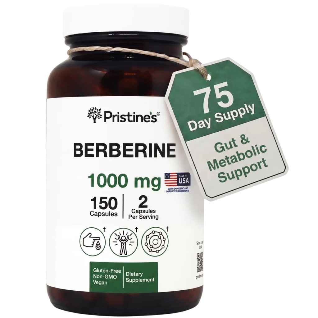 PriSTINE'S Berberine Supplement Capsules - 1000 MG 75 Day Supply 150 Capsules - Heart, & Immunity Health Support Antioxidant - Digestive Tract & Healthy Gut Flora Support