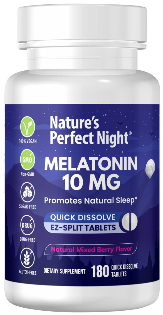 La noche perfecta de la naturaleza ← Melatonin 10mg  180 Quick Dissolve Tablets  Natural Mixed Berry Flavor ANTEHigh Potency  durable Sugar Free ← Vegan  durable Gluten Free ← Tamaño