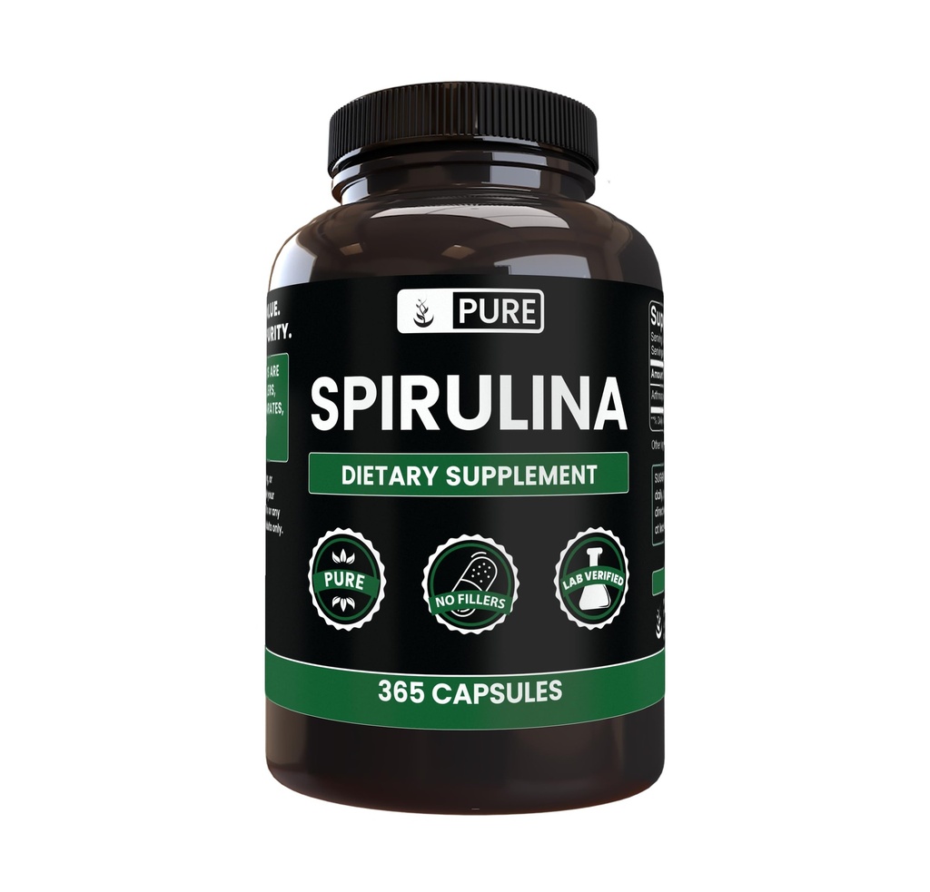 Ingredientes originales puros Spirulina (365 capsules) No hay magnesio o rifles de arroz, siempre puros, el laboratorio verificado