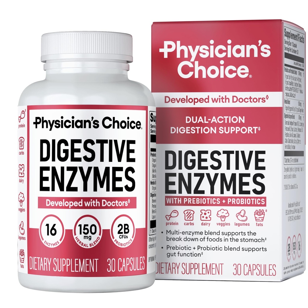 Enzimas digestivas de la CHOICE de Physician - Multi Enzymes, Bromelain, Prebióticos Ecológicos " Probióticos para la salud digestiva " Gut Health - Bloating " Meal Time Discomfort - Dual Action - All Diets - 30 CT