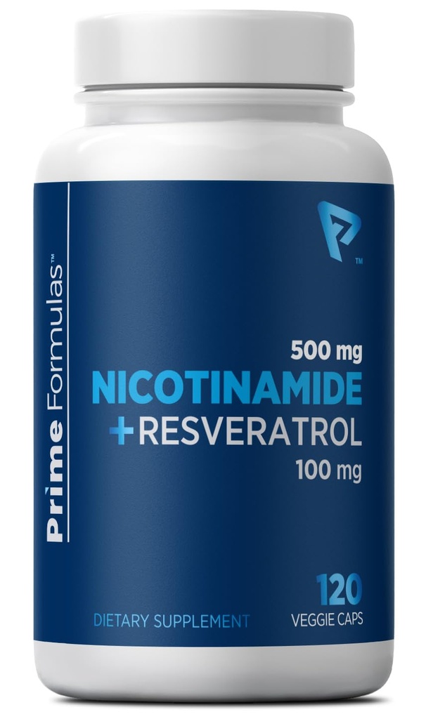 Nicotinamide 500 mg con Resveratrol 100 mg 120 cápsulas vegetales - Vitamina B3 no GMO, soporta la salud metabólica, NAD+, célula de piel y producción de energía mitocondrial. Made in USA for Men and Women