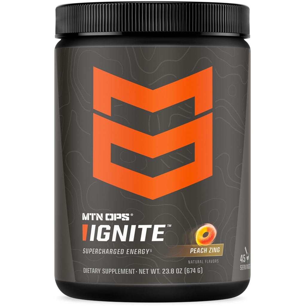 MTN OPS Ignite Energy Drink Powder, Gluten Free Nootropic Supplement Drink Mix, L Arginine, L Citrulline, Caffeine &amp; Nootropic Sugar Free Drink Mix, 45 Servings, Peach Zing