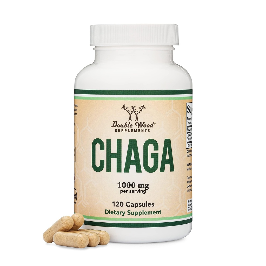 Chaga Mushrooms Capsules 120 Conde ( 1,000mg Chaga Mushrooms Powder per Serving) Alto en Polysaccharides, Beta Glucans, y Terpenoids - Crecido y Hecho en los Estados Unidos, Vegan Safe, Orgánico por Madera Doble