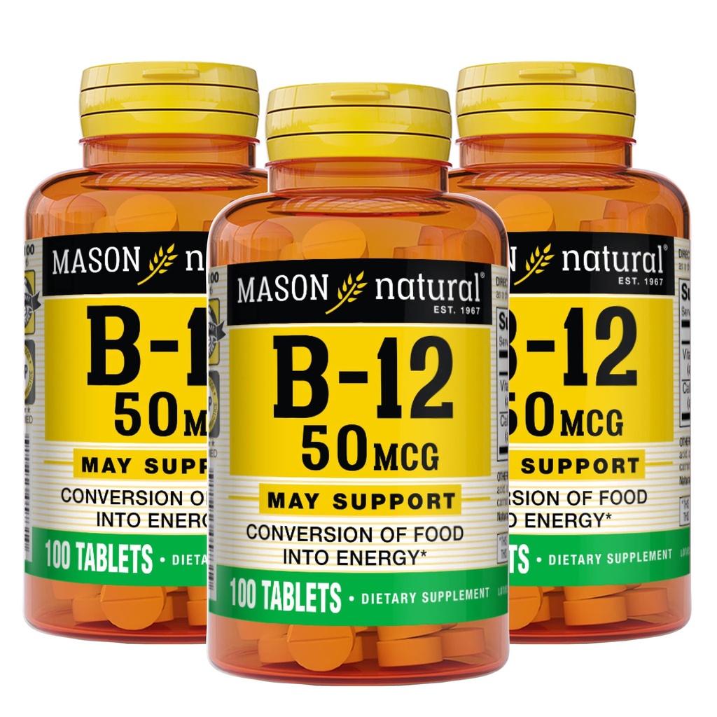 Masón Vitamina Natural B12 50 mcg con Calcio, 300, Suministro de Días, Suplemento dietético para apoyar los niveles de energía natural, 100 Tabletas (Pack of 3)