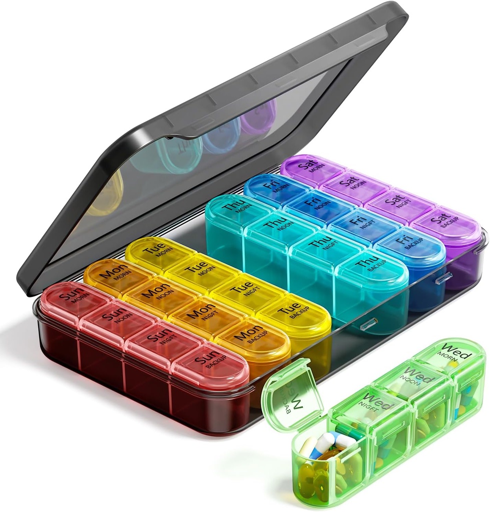 Odaro Organizador semanal de píldoras 4 veces al día, BPA Caja gratuita de píldoras diarias 7 días, caja grande de la pila de viaje con 28 Compartimiento para mantener la medicina, vitamina y suplemento
