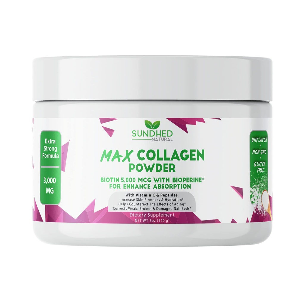 Max Collagen Plus C (30 Day Supply) - All Natural Collagen Powder with Biotin " Bioperine to Boost Anti Aging Hydration " Skin Firmness - 500mg Vitamin C - Strengthening Bones " Nails