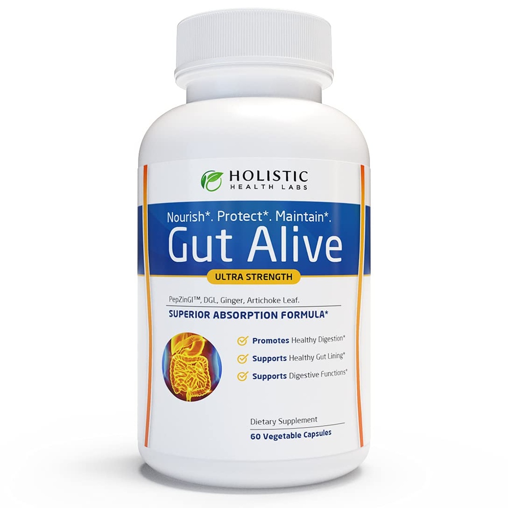 Gut Alive - All Natural Support to Fight IBS, Heartburn, Acid Indigestion, Acid Reflux, Bloating & Gas. Fórmula única (60 Cuenta (Pack of 1))