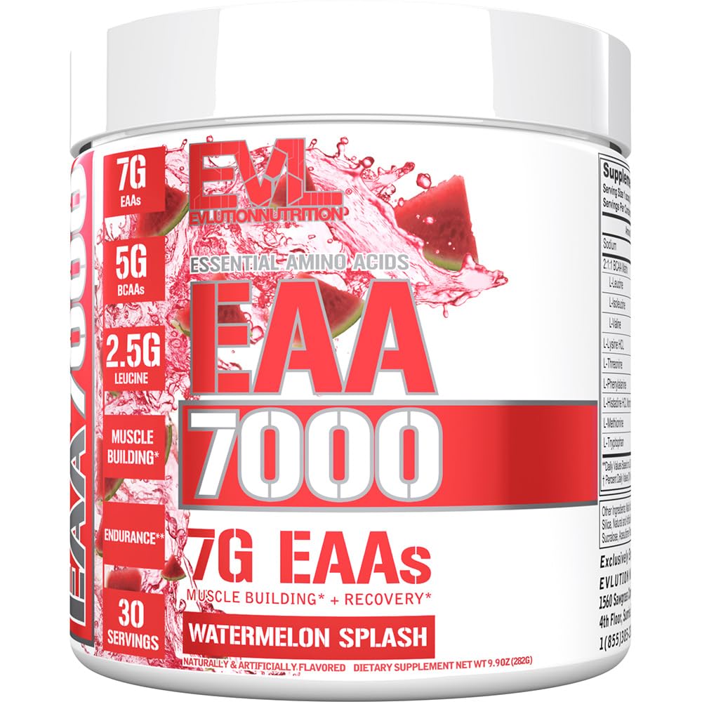 Evlution Nutrition EAA7000 - Pre &amp; Post Workout Powder - Muscle Building + Recovery Supplement - 7g Essential Amino Acids + 5g BCAAs - Endurance + Energy Support - 30 Servings - Watermelon Splash