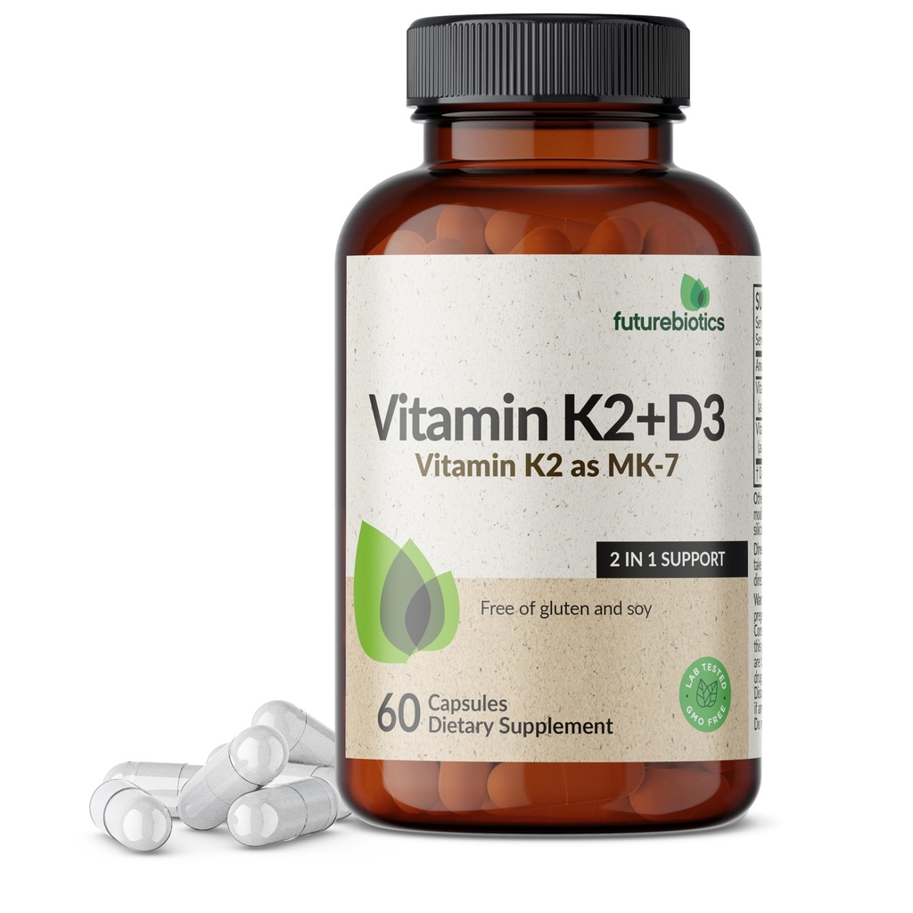 Futurbios Vitamina K2 (MK7) con suplemento D3 - Fórmula no GMO - 5000 UI Vitamina D3 &amp; 90 mcg Vitamina K2 MK-7, 60 cápsulas vegetarianas