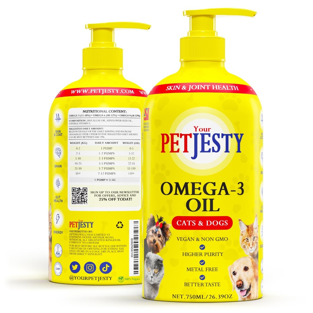 PetJesty Puro Omega 3 Aceite para perros &amp; gatos 26.39oz - Omega 3 piel " Coat Soporte- Alimento líquido para mascotas - mascota vegana + DHA para la función conjunta, Immune " Heart Health, Non Fish Oil Dog y Cat