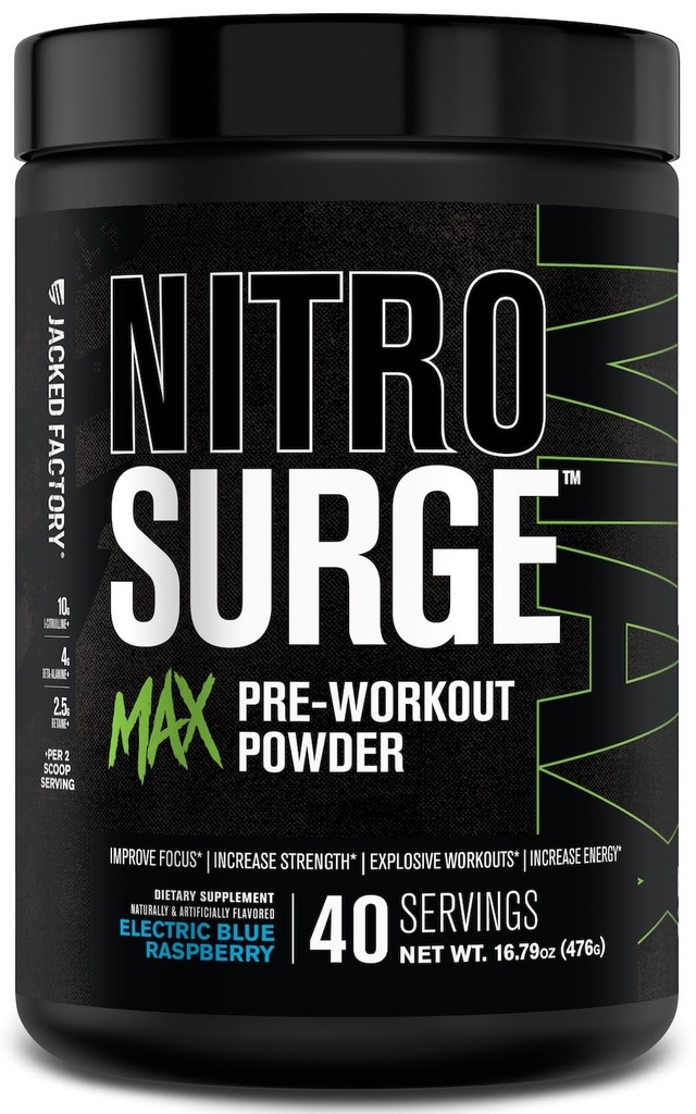 Nitrocirugía de la fábrica de Jacked Max Powder de entrenamiento de alto rendimiento - Pre Workout w / Ingredientes nootrópicos para el foco intenso, bombas, energía solar, resistencia - 40 servidumbres, arandela azul eléctrica