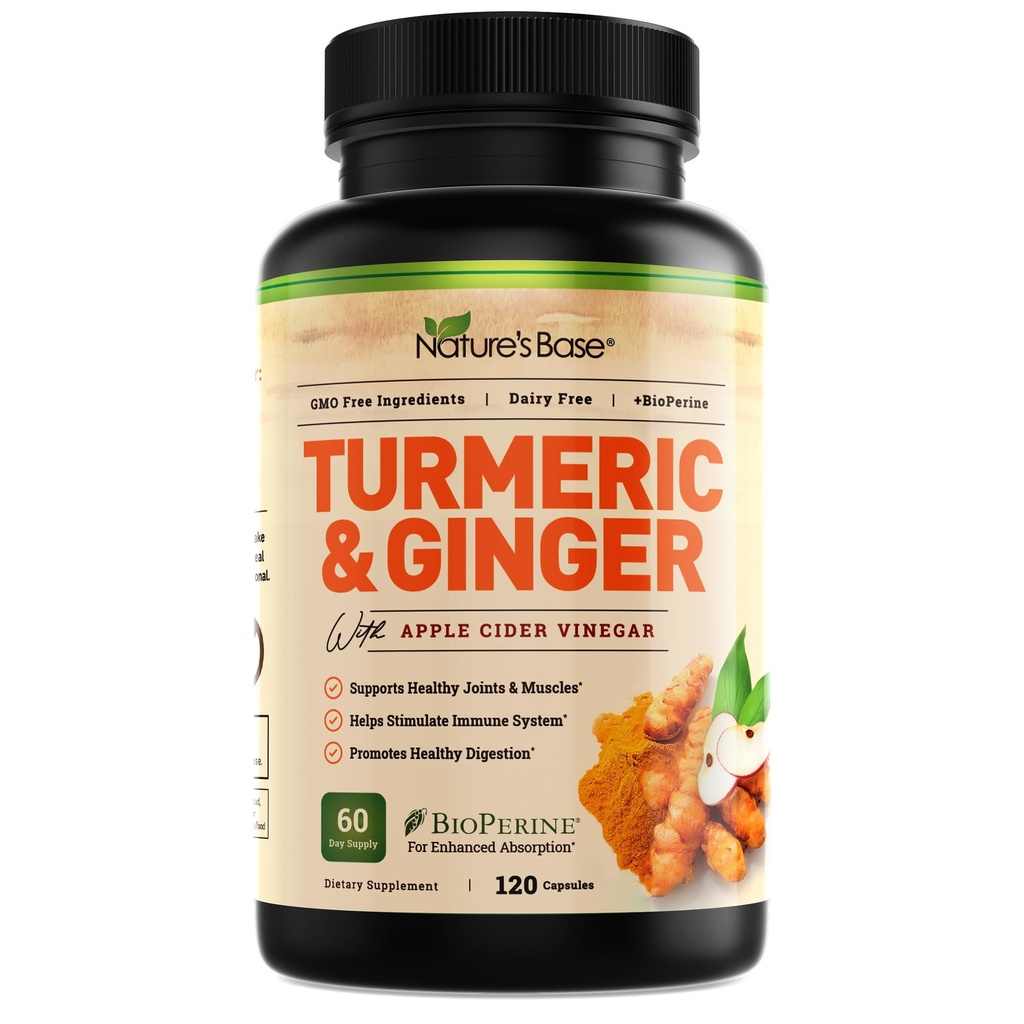 Base Turmeric y suplemento de jengibre - con Curcumin, Vinagre de manzana & Extracto de Pepper Negro BioPerino - 95% Curcuminoides - 120 cápsulas