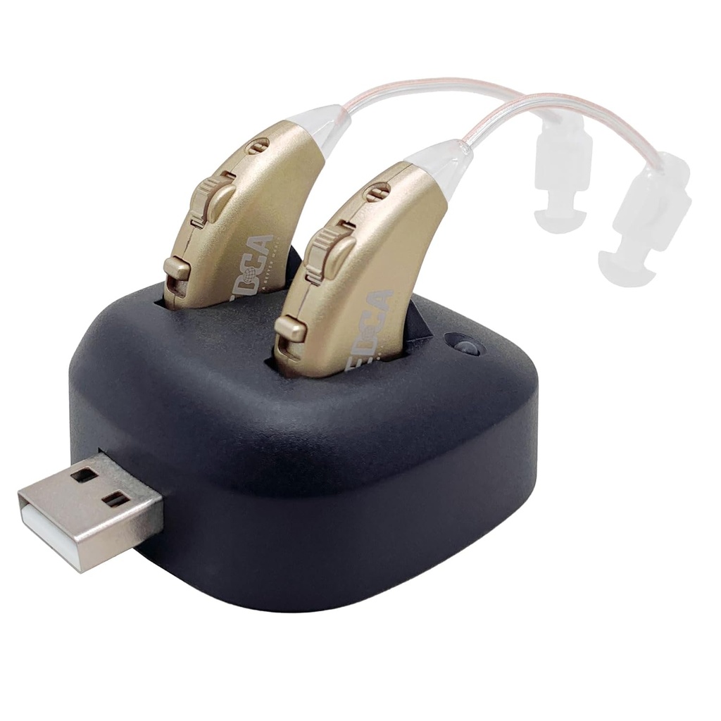 Amplificadores de Audición Digital - Amplificador de Sonido Personal de BTE recargable Pareja con muelle USB - Premium Gold Behind The Ear Sound Amplification - by NewEar