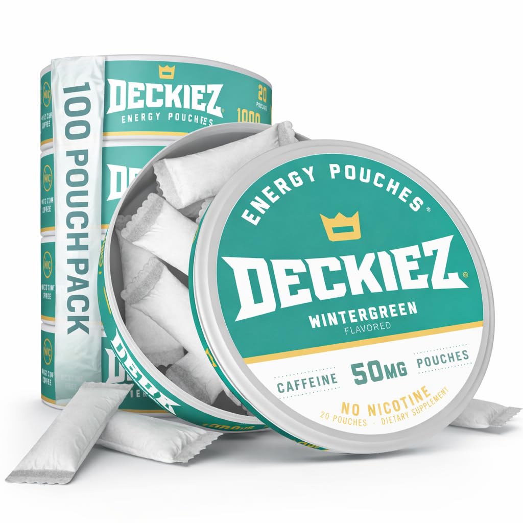 Deckiez Energy Pouches, 5 Cans (100 Servings), suplemento de cafeína gratis de azúcar, café Pouches " Energy Drink Alternative, 50mg Caffeine Pouches, Wintergreen Flavor