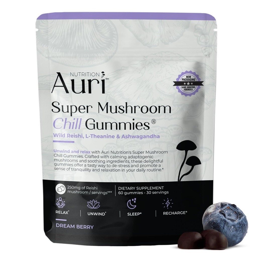 Auri Super Mushroom Chill Gummies - Natural Calming Aid &amp; Stress Reduction Supplement for Adults w/Reishi Mushroom, Ashwagandha, L-Theanine - Unwind Mind &amp; Harmonize Your Day - 60 Calm Gummies