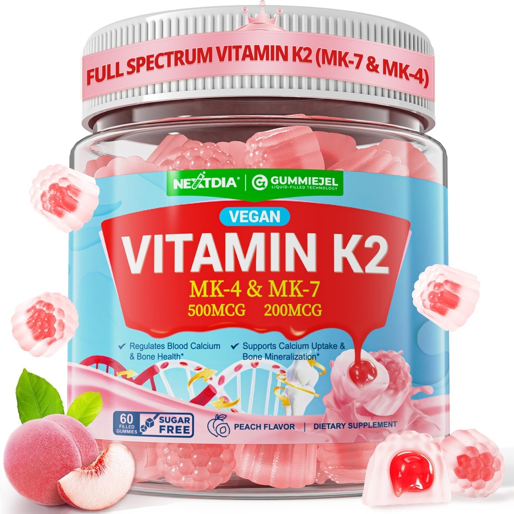 Vitamina K2 Gummies MK-7 200 mcg &amp; MK-4 500 mcg para Hombres Azúcar gratis, perfecto 2-IN-1 Full Spectrum Vitamina K2 Suplemento para Bone, He-art, promueve la absorción de calcio, cerebro, dientes, inmune,1Pack